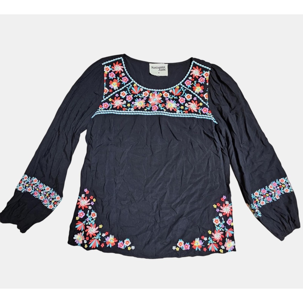 Savanna Jane Floral Embroidered Top M Rayon Boho‎ Hippie Peasant Cottagecore